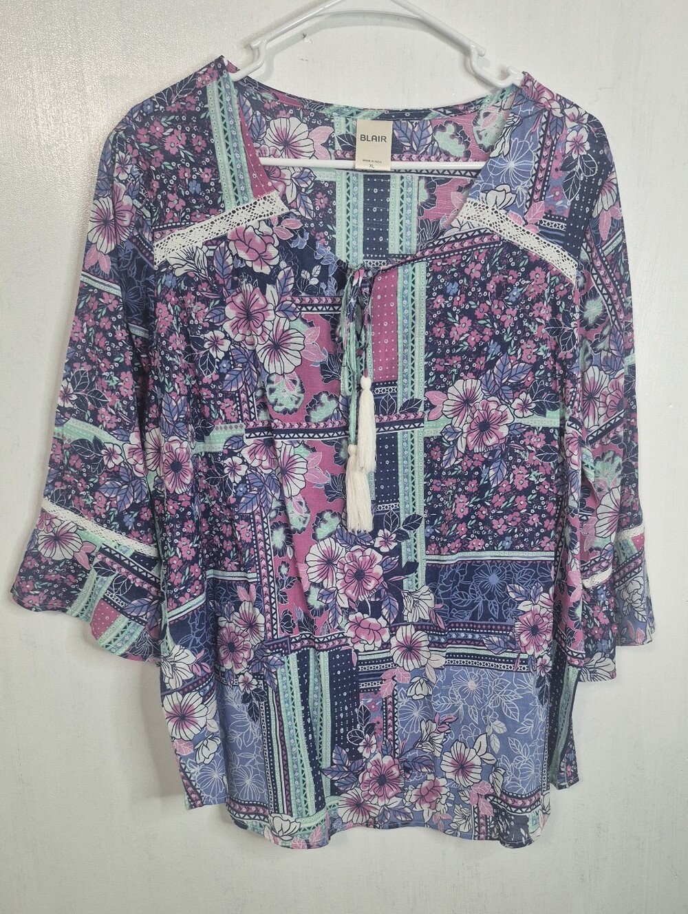 Blair Patchwork Floral Tassel Tunic in Pink, Blue & Teal Womens Size XL